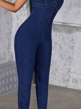 Never worn Dark Blue Denim Jumpsuit Overalls zipper back